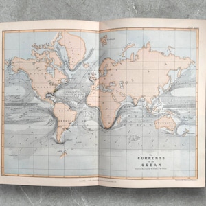 Originele antieke 1876 de richtingen van het oppervlak en de diepe oceaanstromingen boek kaart foto print, maritieme kaart, wereldwijde transportband