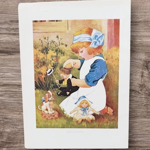 Genuine Antique 1920 Little Girl Playing With Her Dolls Book Print Picture Lithograph , Dolls Clothes  Dressing Up The Toys , Basil Reynolds