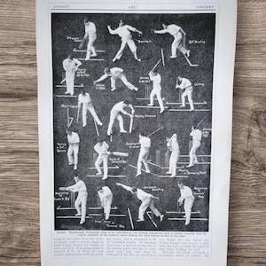 Original Antique 1920s English Cricket Match Game Art Book Print Picture Lithograph , Batting Bowling Cricket Bat Sports Wall Art Gift
