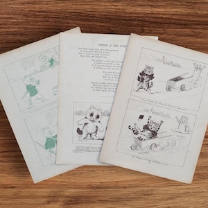 Set van 3 antieke 1920 Louis Wain cartoon strip katten boek afdrukken illustraties tekeningen kunst aan de muur cadeau, katten en kittens kinderfoto's