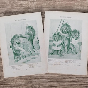 Pair of Genuine Antique 1915 The Lion Barber Cartoon Children's Poem Book Print Lithograph Pictures , Animal Barbers Shop Cartoons Wall Art
