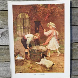 Genuine Antique Victorian Children Playing With Dog at The Water Well Book Print Picture painting by Arthur J Elsley , Pets Gardens Boy Girl