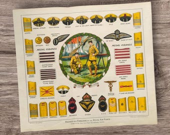 Distintivi, emblemi, nastri, gradi originali antichi del 1919 della Royal Air Force britannica, stampa di libri, immagine, cimeli militari della Grande Guerra