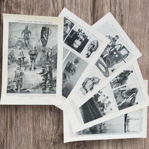 Vintage 1950s Deep Sea Diving Book Plate Prints: Diver History Art