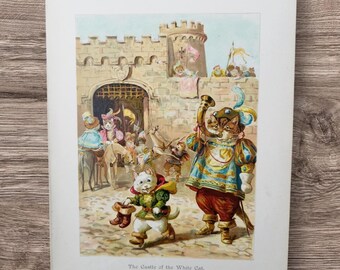Echte antieke jaren 1900 het kasteel van de witte kat kinderboekpagina illustratie Chromoligraph, katten in middeleeuws kasteel jurk kleding