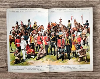 Echte 1913 soorten militaire verdedigers van ons Britse rijk boek print foto, wereld legers, koloniale regering van Engeland strijdkrachten kunst aan de muur