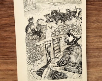 Vintage 1940s The Spriggan of St Ives Book Print Picture Lithograph , Hungry Cats and The Fisherman Pen and Ink Wall Art by Blanche Sinclair