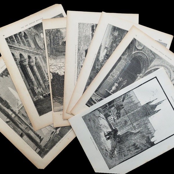 Set Victorian Antique Gothic Architecture Buildings Book Page Illustration Prints - Steampunk Wall Art Cathedral Churches Palazzo Houses x 7