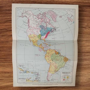 Impresión de mapa histórico original de los Estados Unidos de la década de 1920, territorios geográficos, imperios franceses y españoles, historia de los Estados Unidos y arte