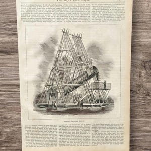 May include: An antique illustration from "The Boy's Own Paper" featuring a detailed drawing of a large telescope structure. The black and white image is printed on aged paper, with text surrounding the central illustration.