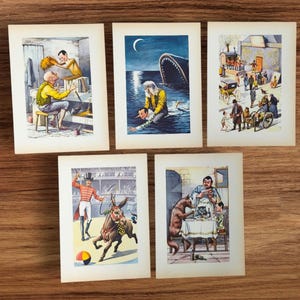 Set di 5 illustrazioni originali del libro di fiabe Pinocchio d'epoca, Geppetto, burattino di legno, il gatto e la volpe, l'asino balena del circo