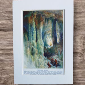 Ilustración de libro con estalagmitas y estalactitas de cuevas de hielo de 1915, auténtica antigüedad, impresión de imagen en formato de tarjeta A4, arte de grutas de cavernas antiguas
