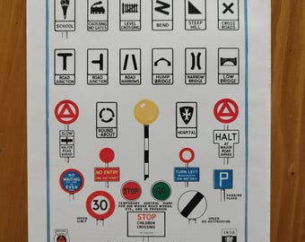 Vintage 1950s Road Signs Book Lithograph Print , Ministry of