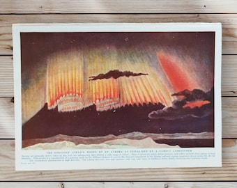Vintage 1950s Aurora Borealis Northern Lights Painting Book Print Picture - Famous Astronomers Astronomy - Auroral Displays photograph Art