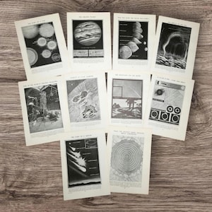 Conjunto de 10 láminas originales vintage de los años 50 sobre astronomía, el espacio exterior, el Sol y la Luna, meteoros, estrellas, eclipses y planetas.