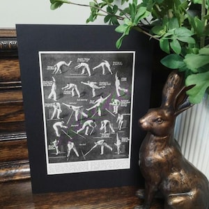 Originele vintage Britse cricketwedstrijd match jaren 1950 boek print illustratie foto in een A4-formaat klaar om in te lijsten, hoe speel je cricketkunst