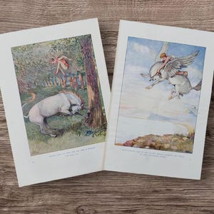 1930s Flying Unicorn & Pegasus Story Book Print: Antique Children&#39;s Illustration