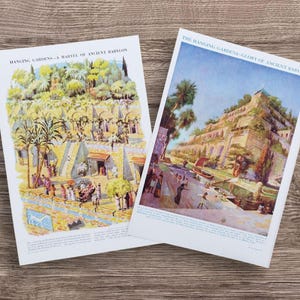 Paar hängende Gärten von Babylon Vintage-Buch Bilddrucke, die sieben Weltwunder, das Wunder der alten Babylon-Gebäude