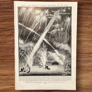 Echte alte Vintage 1930er Jahre wie Raketen funktionieren Buchdruck Bild Lithographie, Feuerwerk Rakete Wandkunst Geschenk, Feuerwerk Nacht Sterne Displays
