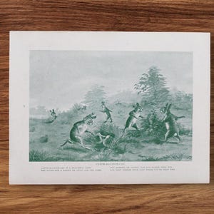Litografía con imagen antigua de conejos de dibujos animados para niños de 1910 jugando a la captura, juego al aire libre, canciones de juegos de patio, conejo