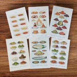 Set mit 6 Antiken Lebensmittel Rezept Kochbuch Drucken Bilder Lithographien, Süßigkeiten Kuchen Obst Gemüse Fisch Suppen Küche Wand Kunst Dekor Geschenk