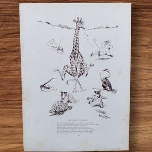 Litografía original antigua de Louis Wain de 1915, libro infantil de animales "La jirafa aturdida, el avestruz, el tigre, el oso, la tortuga", poema divertido