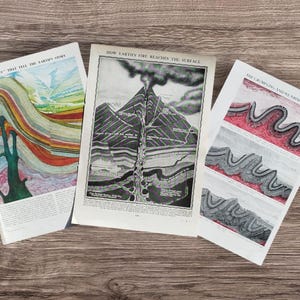 Conjunto de 3 impressões de diagramas de vulcões vintage da década de 2950, períodos de tempo geológico, camadas de rocha, crosta terrestre, arte de parede de vulcões para presente