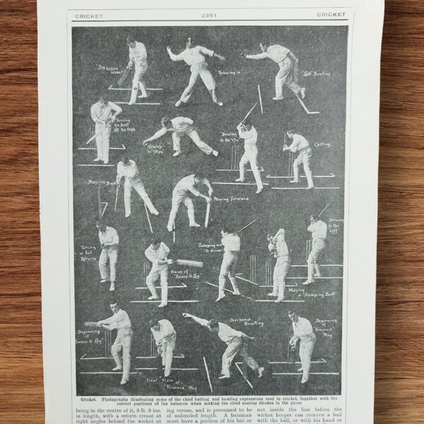 Antico gioco di cricket inglese degli anni '20 si muove abilità pagina di libro immagine artistica stampa sportiva, come giocare a cricket battuta bowling colpi diagramma