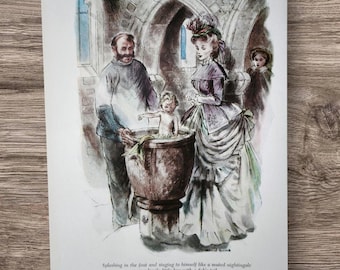 Vintage 1960 kleine Babyjunge-Meerjungfrau, die in einer Kirchenschrift Kindergeschichtenbuch-Druck-Bild, viktorianische Dame Mermaids-Wand-Kunst-Geschenk spritzt