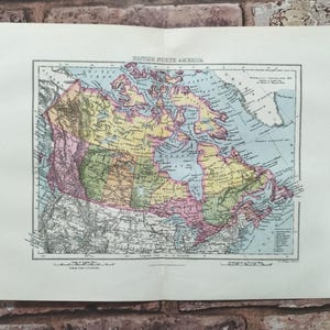 Antieke 1870 kaart van Brits Noord-Amerika boek afdrukken lithografie, Dominia of Canada koloniale gebieden Engelse rijk historische kaart afdrukken