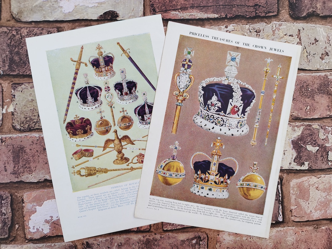 Genuine Vintage Royal Crown Jewels History Book Page Diagram Prints