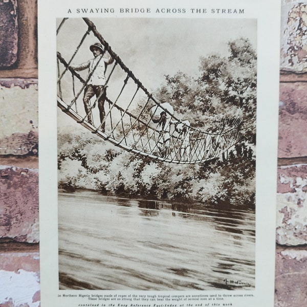 Vintage 1930s Jungle British Victorian Explorers Book Print African Rope Bridges Picture , Nigeria Africa River Bridge Wall Art Decor Gift