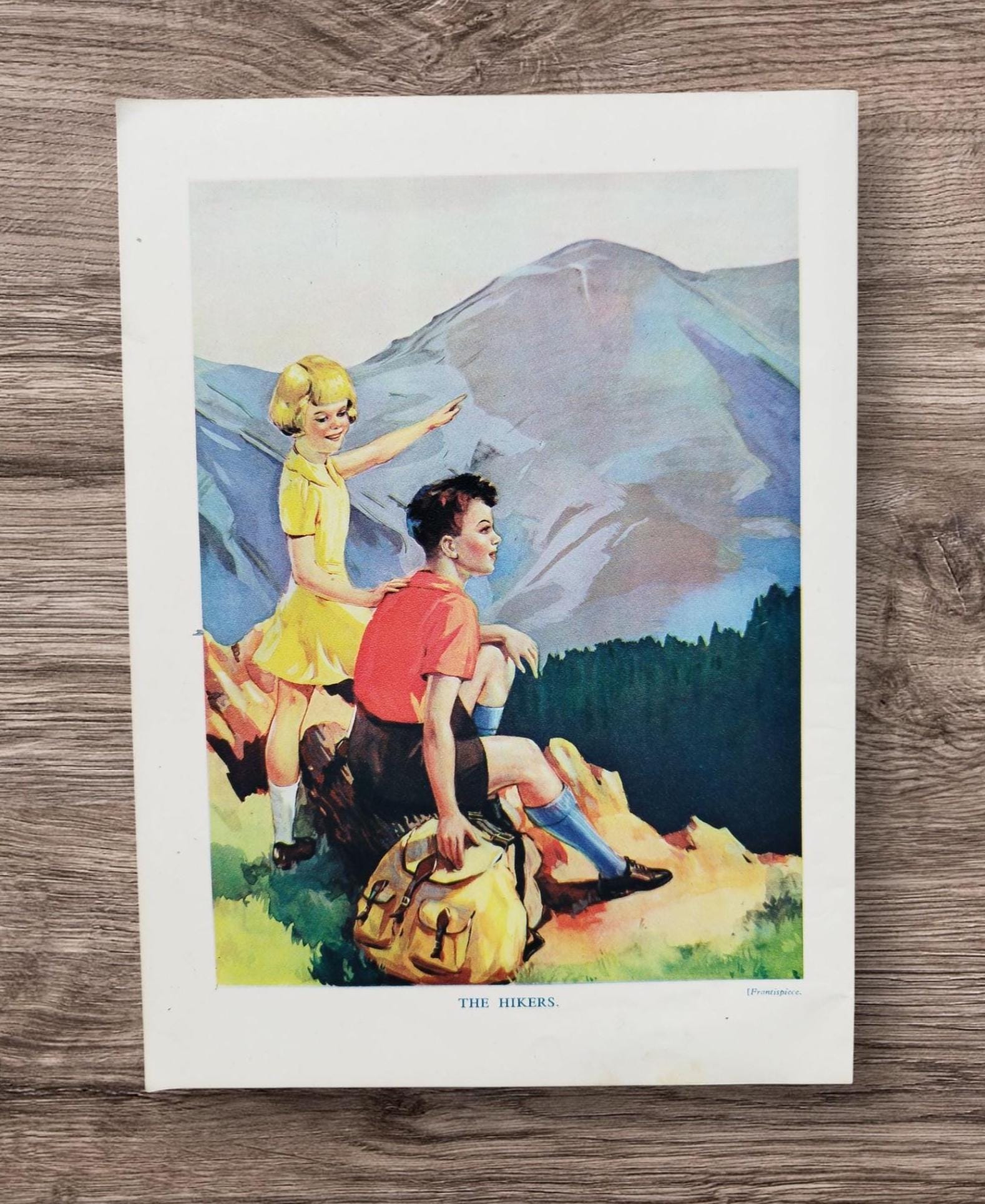 Vintage 1930s - 1940s Boys and Girl out Hiking Book Print Picture Lithograph , The Hikers Mountain Tops , School Boy Girl Outdoors Wall Art