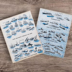 Original vintage des années 1950 histoire des navires bateaux navires de guerre livre impression photo lithographie, types de bateau bateau transport par eau cadeau d'art mural
