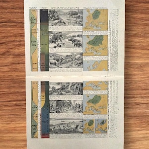May include: An open vintage book featuring illustrations of prehistoric animals and maps of Europe. The pages are aged, and the illustrations are in monochrome with some colour accents. The book is on a wooden surface.