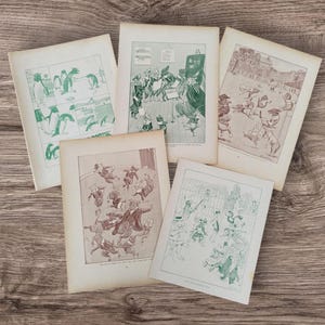 Set of 5 Genuine Antique 1915 Children's Animal Funny Cartoons Book Print Picture Lithographs , Human Dogs , Penguin School , Zoo Animals