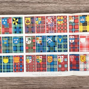 May include: A vintage print featuring numerous Scottish clan tartans and crests. The print displays a variety of colorful plaid patterns, each accompanied by a unique crest. The text at the bottom reads "Tartans of Some of the Scottish Clans."