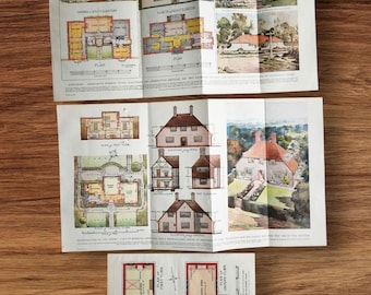 Uppsättning av vintage 1930-tals arbetande arkitektritningar, planer för ett bungalowhus och trädgård, boktryck, bilder, sektion och elevation, arkitektoniska