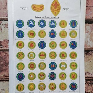 May include: A chart of Boy Scout badges with the text "Badges to be earned by Boy Scouts". The chart shows the badges for Second Class, First Class, and Scouts under 15. The badges are arranged in rows and columns, with each badge representing a different skill or activity.