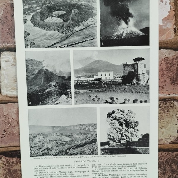 Original Vintage 1950s Types of Volcano Book Print Lithograph Picture - Double Sided Volcanoes Eruption Photograph Wall Art Volcanic Action