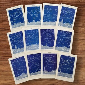 Set di 12 stampe originali vintage degli anni '50 del libro "Le stelle dei mesi nel cielo", immagini di astrologia, costellazioni e segni zodiacali mensili.