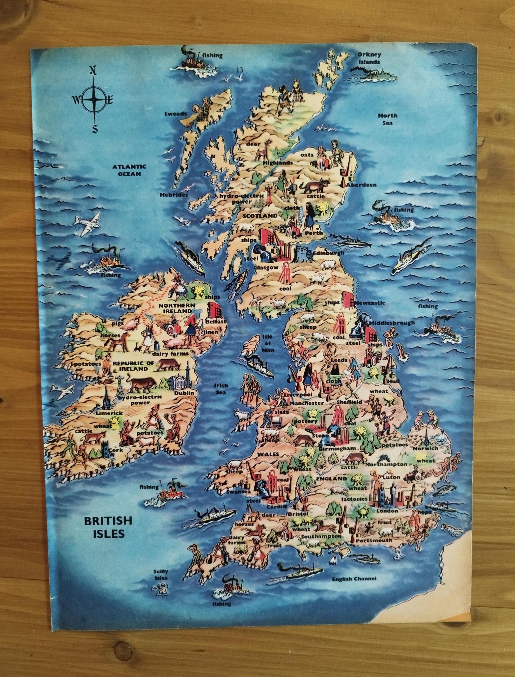Original Vintage 1950s Map of Great Britain Scotland Ireland