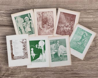 Set of 7 Antique 1920s Woodland Fairy Pixies Folklore Children&#39;s Book Print Picture Lithographs , Magical Flower Fairies Elves Midsummer Art