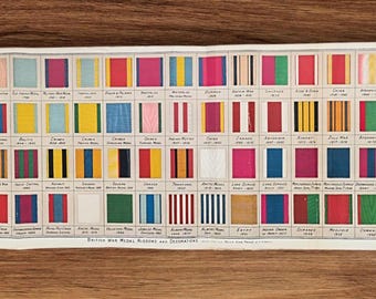 1902年製アンティーク英国戦争メダル、リボン、装飾品の書籍プリント写真、ビクトリア朝軍事功労賞メダル壁掛けアートギフト