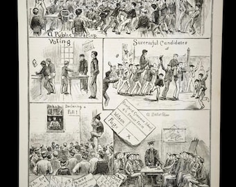 Echte Antiquität 1890 Allgemeine Wahlen an einer öffentlichen viktorianischen Schule für Jungen Buchdruck Bild Cartoon, Politische Führung parlament