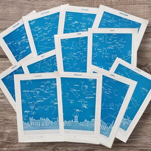 Set di 12 stampe originali vintage degli anni '50 del libro "Le stelle dei mesi nel cielo", immagini di astrologia, costellazioni e segni zodiacali mensili.