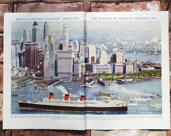 Original 1950s British Ocean Liner The Queen Mary New York Skyline , Vintage Hudson River Manhattan Brooklyn Book Page Illustration Print