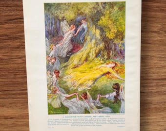 Impresión vintage auténtica de la década de 1950 de El sueño de una noche de verano, el libro de canciones de las hadas, Shakespeare Titania, reina de las hadas, madera encantada