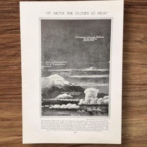 Może przedstawiać: Czarno-biała ilustracja w stylu vintage zatytułowana „UP ABOVE THE CLOUDS SO HIGH”. Diagram przedstawia atmosferę, w tym troposferę, stratosferę i poziom morza, z pomiarami w metrach i stopach. Zawiera również balon profesora Piccarda.