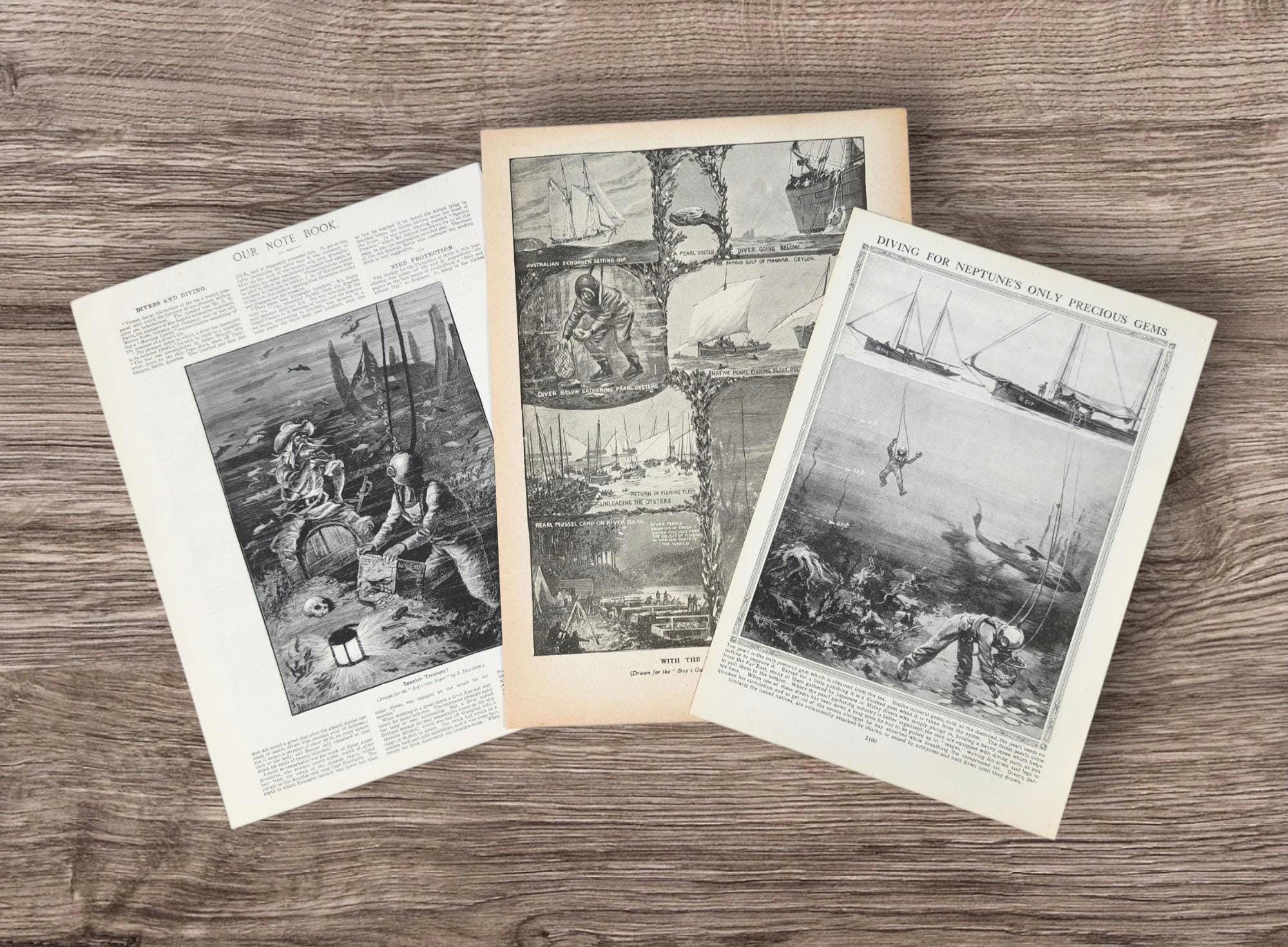 Set of 3 Antique Vintage Deep Sea Diving Book Print Picture Lithographs ...